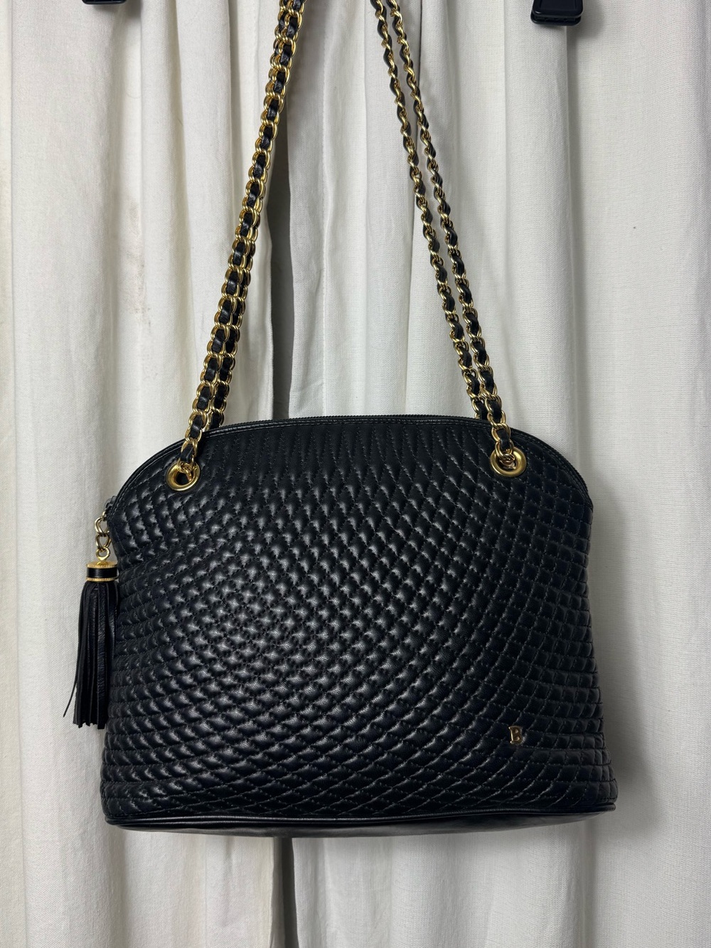 Vintage Y2K Italian Bally Black Quilted Shoulder Bag with Gold Chain Strap